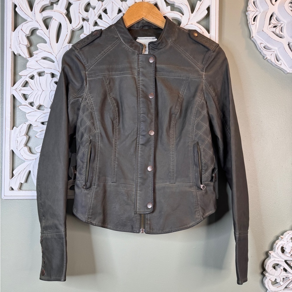 Hei Hei Faux Leather Jacket Zip Button Quilted Small Gray